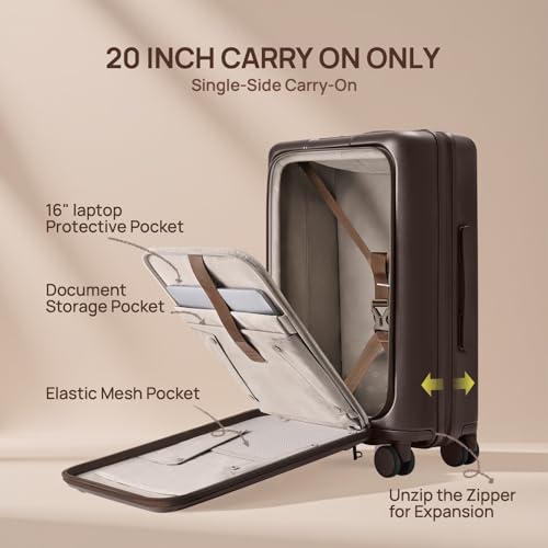 Image of NINETYGO Carry On Luggage 22x14x9 Airline Approved, Top Opening 20 Inch Suitcase with Front Compartment, Expandable, Coffee-Infused PC Shell, Eco-Friendly, Cup Holder, TSA, Spinner Wheels (Americano)