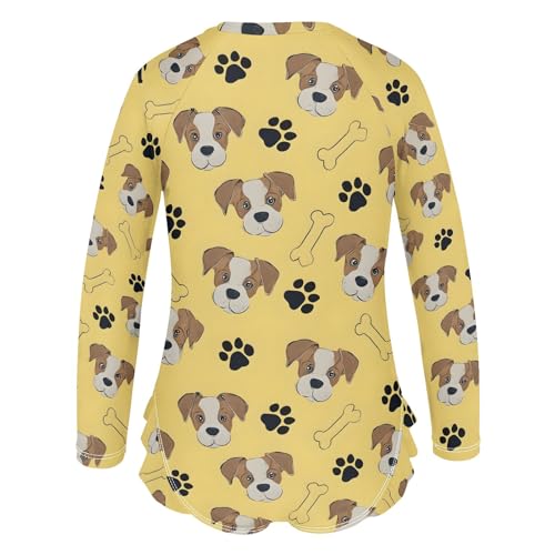 Yellow Dog Bones Footprint Girls Long Sleeve Swimsuit Rash Guard One Piece Bathing Suits Zipper 3-12T3