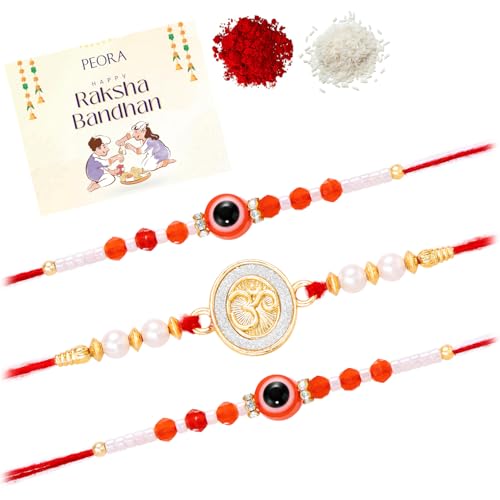 Image of Peora Evil Eye & Crystals Studded Rakhi for Brother Bhaiya | Red Thread | Raksha Bandhan Hamper with Roli Chawal Greeting Card