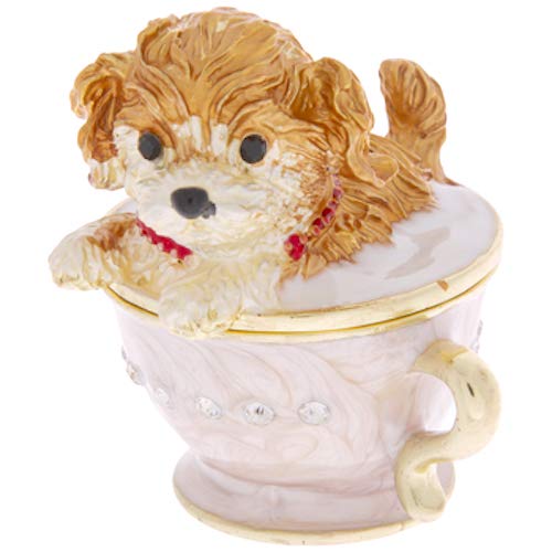 Dog in Teacup Trinket Jewelry Box Ring Holder Sparkling Rhinestones