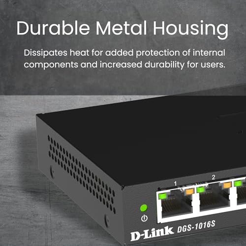Image of D-Link 16 Port Gigabit Ethernet Unmanaged Slim Switch, Sturdy Metal with Shielded Ports, Silent Fanless, QoS, Plug and Play, Compact Desktop /Wall Mount, Flow Control, Energy Saving, Black (DGS-1016S)
