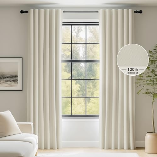 Image of FMFUNCTEX 100% Blackout Curtains for Bedroom, Beige Back Tab Curtain 72 Inch Length Drapery Thermal Insulated Curtains for Living Room, Black Out Drapes Rod Pocket Room Darkening 2 Panels