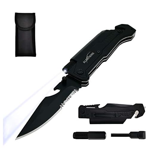 ALBATROSS 6-in-1 Survival Tactical Military Folding Pocket Knives with LED Light,Seatbelt Cutter,Glass Breaker,Magnesium Fire Starter,Bottle Opener;Multi-Function Emergency Tool(Black)