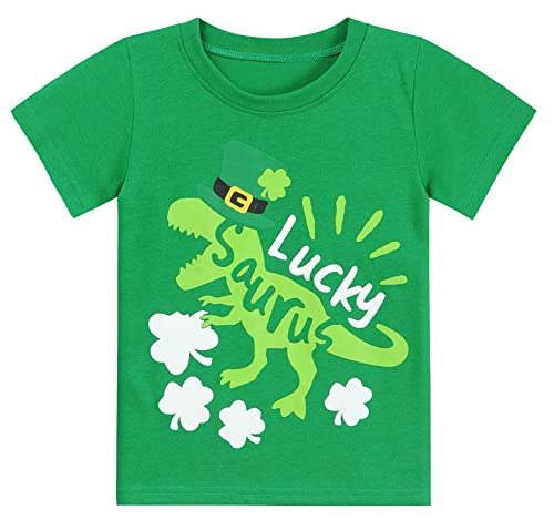 Lucky Dinosaur St. Patrick's Day T-Shirt Boys Green Shamrock Shirt Green Short Sleeve Tops for Toddler & Kids 6t 7t