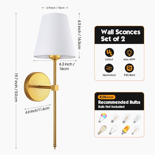 Wall Sconces Sets of 2, Retro Industrial Wall Lamps, Vanity Sconces Wall Lighting with White Fabric Shades, Wall Lights Suitable for Bathroom Bedroom Living Room Kitchen Gold - Image 5