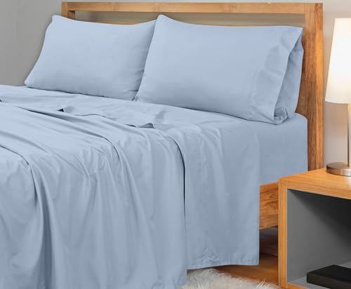 Image of Royale Linens 300 Thread Count 100% Long Staple Combed Cotton Flat Sheet - Super Soft - Top Sheets - King Flat Sheet Sold Separately - Breathable, Cool & Crisp Percale Sheets Only (King, Lake Blue)