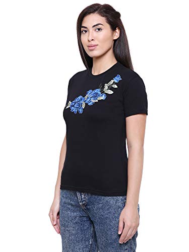 Image of Saundarya Women's Embellished T-Shirt Hosiery Fabric Half Sleeve Round Neck Blue and Red Embroidery Black