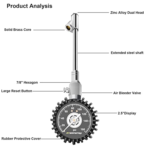 Atsafepro Tire Pressure Gauge 160Psi,Tire Pressure Gauge Equipped With Extended Chuck And 2.5" Dial Easy For Readings, Analog Tire Gauge Suitable For Cars, Bikes, And Semi, Rv #TOP1