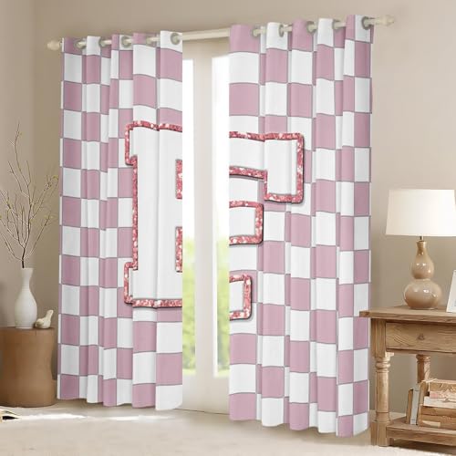 Image of Erosebridal Pink Initial F Window Curtains 52 inch Wx63 L Kawaii Plaid Checkered Blackout Curtains for Kids Girls Bedroom,Cute Personalized Monogram Window Treatments Grids Gingham Drapes Decor 2 Panels