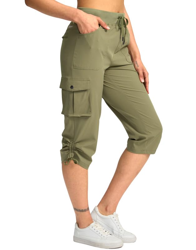 Pudolla Women's Cargo Capri Pants Hiking Travel Casual Capris with 5 Pocket