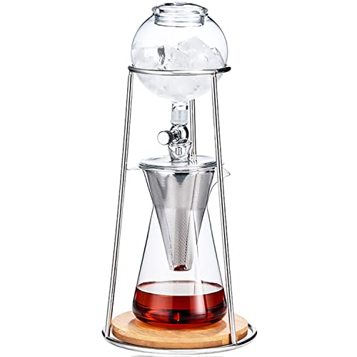 Cafetera con goteo de hielo con 2 vasos, cafetera fría con flujo de agua ajustable, cafetera de vidrio, filtro de acero…