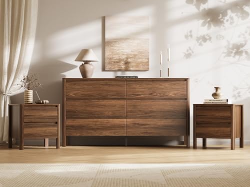 MAISONARIA Walnut 3-Piece Dresser Bedroom Set, 6 Drawers Dresser & 2 Drawer Nightstands with Hidden Handles, Wood Chest of Drawers for Bedroom, Living Room, Entryway