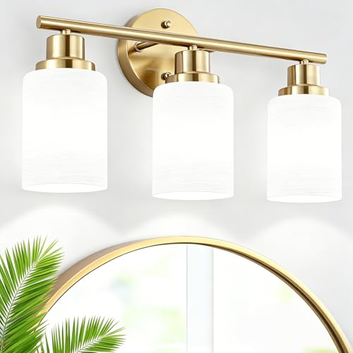 Image of 3-Light Bathroom Light Fixtures, Vanity Lights for Mirror with Textured Milky White Glass Shade, Modern Kitchen Light Fixtures Wall Sconce Light - E26 Base - Brushed Gold