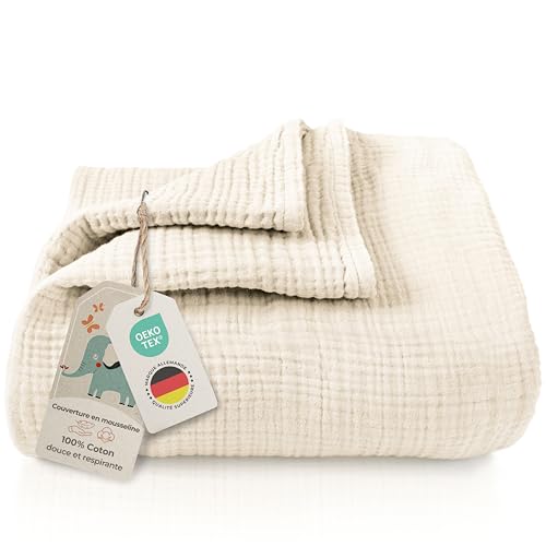 LAYNENBURG Mousseline bébé 120x120cm - Couverture 4 plis - 100% coton - Douillette ou de sommeil, drap à langer, crachoir nouveau-né & enfant (Crème)
