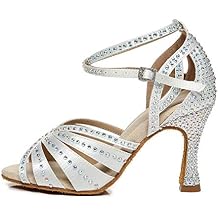 DKZSYIM Women Satin Ballroom Dance Shoes Rhinestone Latin Salsa Bacha Perfermence Practice Dancing Shoes,Model YCL440