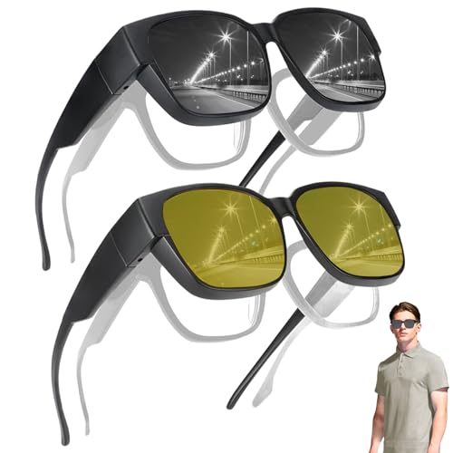 2 Stück Überzieh Sonnenbrille, Sonnenbrille Über Normale Brille, Polarisiert UV400 Überziehbrille, Nachtsichtbrille für Autofahrer, Clip on Sonnenbrille, Aufsatz für Brillenträger für Herren Damen