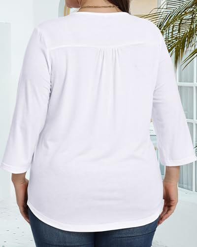 Plus Size Tops for Women 3/4 Length Sleeve Shirts Fall Pleated Blouses Round Neck Tunics Spring Clothes4