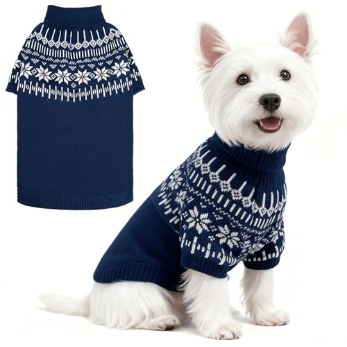 EXPAWLORER Turtleneck Knit Dog Sweater - Dog Clothes Fair Isle Snowflake Design, Warm Puppy Sweater Apparel, British Style Winter Pet Outfit Pullover for Small Medium Large Dogs Cats, Blue S-M