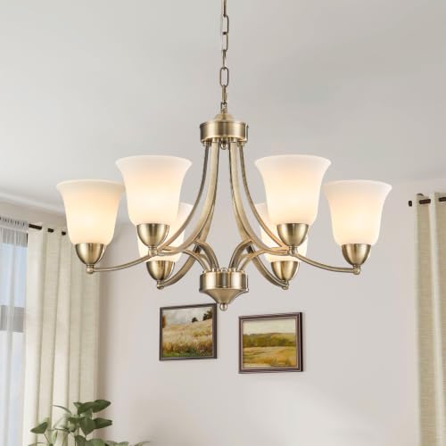 Image of 6 Lights Brushed Bronze Dining Room Light Fixture Farmhouse Modern Chandelier Pendant Light Champagne Bronze Adjustable Ceiling Hanging Lighting with Frosted Glass for Kitchen Island Living Room Foyer