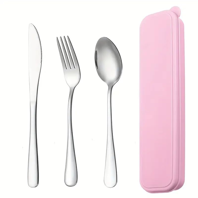 Conjunto de utensílios portáteis de aço inoxidável com estojo, conjunto de talheres reutilizáveis de 3 peças (garfo, colher, faca) para almoço, piquenique e jantar ao ar livre, rosa