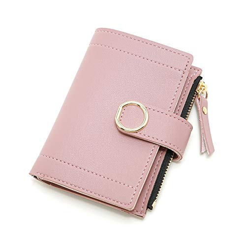 Jennyfly Girls Wallet for Shopping, Fashion Women Girls Cute Short Style Clutch Zipper Wallet PU Leather Purse with Multiple Card Slots Small Purse with Wrist Strap for Shopping Travel - Rose Pink