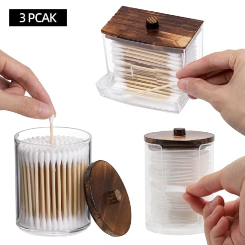 Image of Tbestmax 4 Pack Qtip Holder Dispenser, 10 /7oz Bathroom Container for Cotton Ball Cotton Swabs Pads, Apothecary Jar with Wood Lids for Organizer and Storage (Brown)