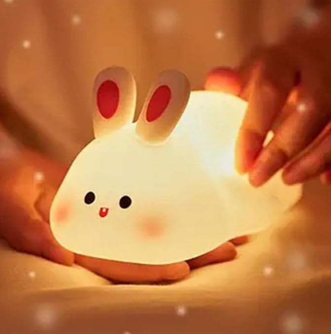 Luz nocturna de conejo plano, luz LED Squishy Buuny Rabbit, lindo conejo iluminado, luz nocturna de silicona regulable para guardería, lámpara