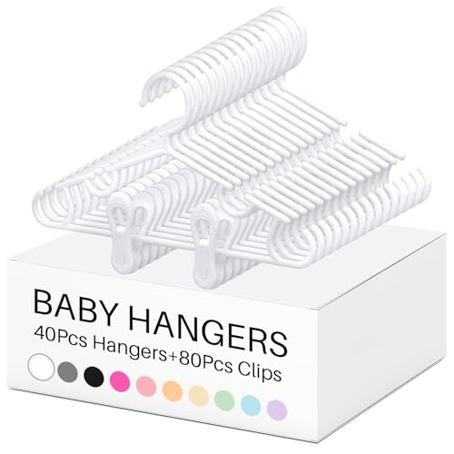 Hsei 5/10/40 Pack Baby Hangers with 10/20/80 Clips Plastic Kids Pants Hanger for Newborn Nursery/Daycare/Preschool Closet/Wardrobe Organizer Baby Shower Party(120 Packs Total,White,10.6 Inch) by Hsei - Used condition - US$29.15