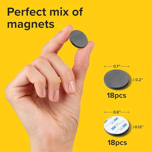 Image of Ultra-Strong Ceramic Round Magnets with Adhesive Backing (2 Sizes Mix, 36 pcs) - Heavy Duty Sticky Magnets, Non-Corrosive, Versatile for Home, Office, Workshop, Whiteboard, Fridge and Hobby Use
