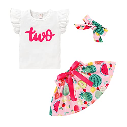 Viworld Toddler Baby Girl 2nd Birthday Outfits Ruffle Top Shirt + Watermelon Skirts Set for Birthday Photoshoot(White4 2T)