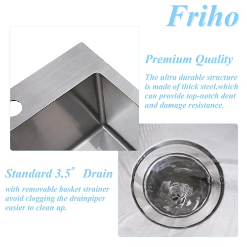 Friho 18x18 Inch Drop in Bar Sink, Topmout Small Kitchen Sink, 16 Ganuge Handmade T-304 Stainless Steel Single Bowl Sink for RV Wet Bar Prep RV Outdoor Yard Office Laundry Utility with Accessories by Friho - Used condition - Image 5