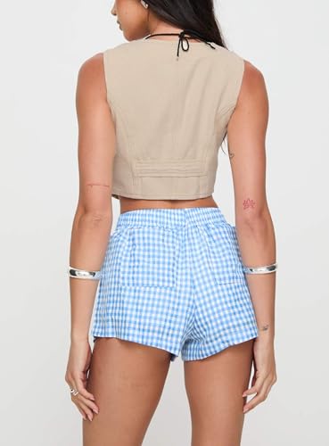 Image of Chunoy Women's Plaid Boxer Shorts Summer Casual Gingham Pajama Bottoms Short with Pockets