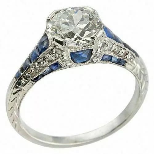Lab-Created Art Deco Round Diamond & Blue Sapphire Engagement 925 Silver Ring (5.5)