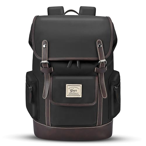 Image of Gear Classic 16.5 inch /21L Medium Water Resistant Faux Leather Anti Theft Knapsack | Laptop Bag | Casual Bag | Travel Bag for Men /Women (Black - Brown)