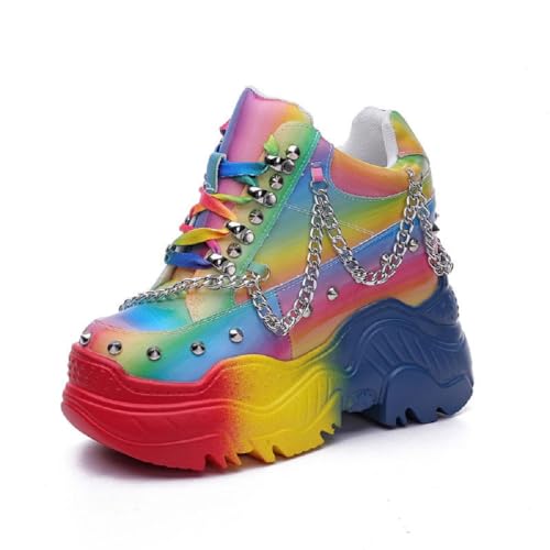 Spring Autumn Height Increasing Platform Metal Chain Rivet Genuine Leather Women Rainbow Color Sneakers Shoes Ladies Wedges Pumps 2401