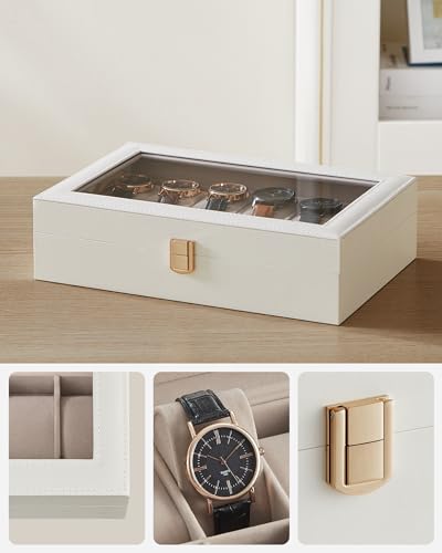 Image of SONGMICS Watch Box With 12 Slots, Glass Lid, Removable Pillows, Metal Clasp, Gift Idea - Cloud White Synthetic Leather, Cappuccino Beige Lining JWB120W01