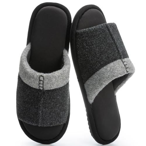 GOEWY Slippers for Men with Memory Foam Two-Tone Open Toe House Shoes Non-Slip Comfy Indoor Men's Slippers Gifts for Him Dad Matte Black 9 10