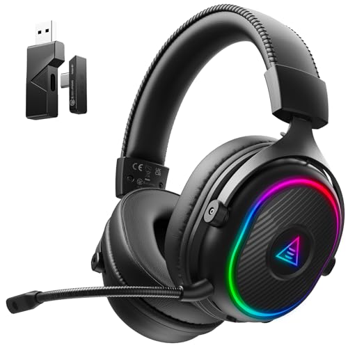 EKSA Cascos Gaming Inalámbricos para PC/Ps5/Ps4, Auriculares Gaming Inalámbricos con 2,4 GHz+BT 5,3 Modo Dual, Sonido Estéreo Cascos con Microfono, Cascos con Luz RGB, Duración 80Hr+