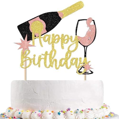 Champagne Happy Birthday Cake Topper, Unique Gold Champagne Happy Birthday Toppers, Cheers to Birthdays for Men's and Women's Party Cake Toppers