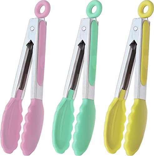 HINMAY 7-Inch Mini Tongs with Silicone Tips Small Serving Tongs Kitchen Tongs, Set of 3 (Red Blue Green)