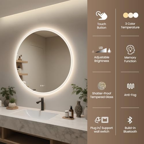 Image of Modern Round LED Wall Mirror || Trio Color Lighting, Antifog Heating, Stepless Dimmer & Memory Recall for Vanity& Bathroom. (24x24inches)