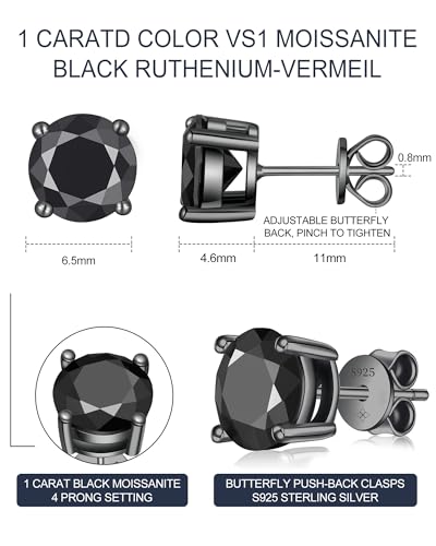 Black Moissanite Earrings for Men, Round Cut D Color VVS1 Clarity Lab Created Moissanite Earrings Studs S925 Sterling Silver Jewelry for Women Men4