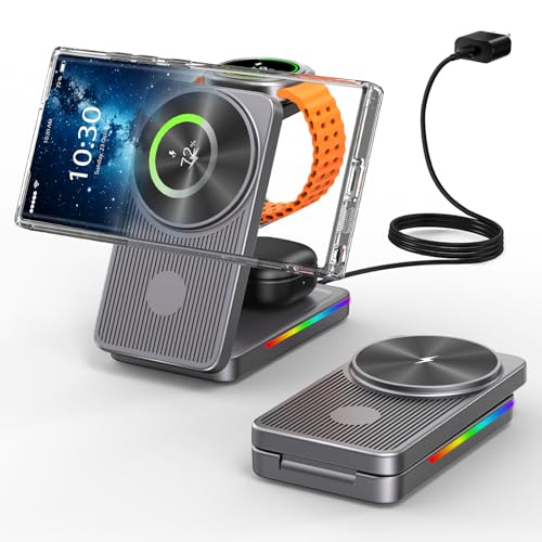 Magnetisch Ladestation für Samsung Galaxy S25 Ultra S24, Magsafe Ladegerät Faltbares für Samsung Galaxy Watch Ultra 7 6, 3 in 1 Reise Induktive Ladestation mit Licht für Buds Pro 2