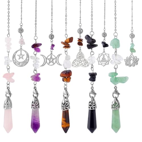 GOMAKERER 5 Pcs Natural Gemstones Pendulum, 5 Styles Crystal Dowsing Pendulum Reki Gemstone Chips Pendulum for Women Man Divination Wicca Meditation