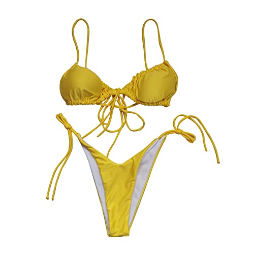 Conjunto De Bikini Cintura Alta Triángulo Liso for Mujer, Traje Baño Sexy Dos Piezas con Tirantes Push-up, Cordones, Tanga Corte Alto(C,L)