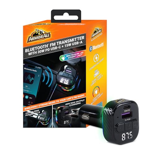 Armor All FM Bluetooth Transmitter and Quick Charger, Wireless Bluetooth Transmitter with USB C 30W PD Charger & USB A QC Ports, Built in Mic for Hands Free Calls, Play Back Skip Buttons, LED Display