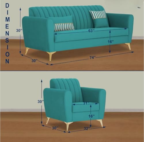 Image of 5 Seater Sofa Set 3+1+1 Teal cluor Fabric | Modern Living Room Furniture | Solid Wood Frame | Premium Cushioned Comfortable Couch Set for Home & Office, Free 4 Pillow.