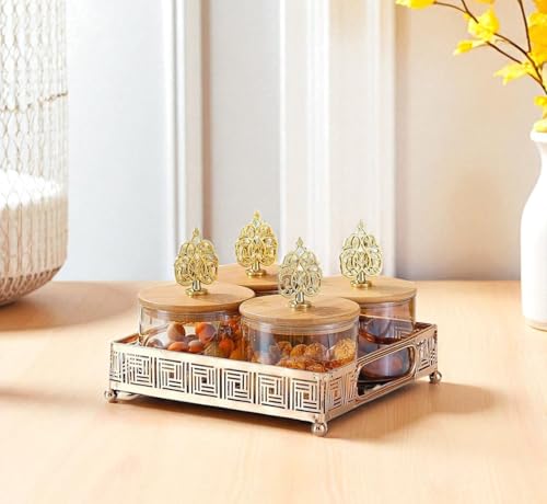Image of Diwali Serving Tray Dry Fruit, 4 pcs Glass Container Serving Tray Set | 600 ML Each Premium Design Air-Tight Lid Snack Organizer Tray Metal Stand WoodLid