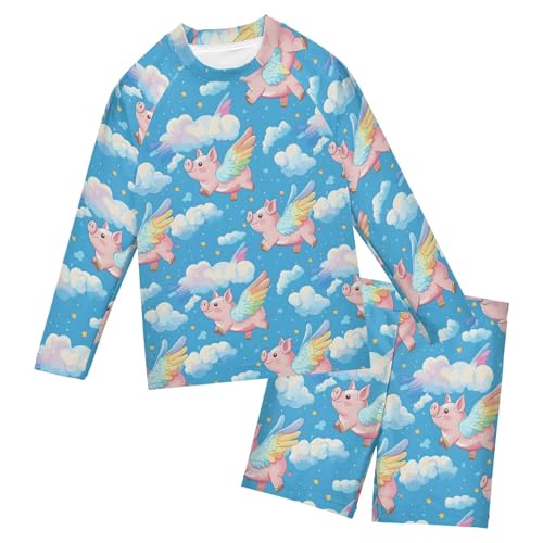 Pig Rainbow Clouds Boys Rash Guard Swimsuits Set for Boys Long Sleeve Swim Shirts Bathing Suits B0403850