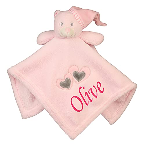 Alwaystrusted Personalised Gift Pink Baby Bear Comforter with Hearts Embroidery Pink Name Italic Font Girl AT-SB23-33-M